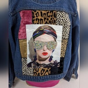 Bohemian Custom Made Jean Jacket Featuring Girl with Beaded Sunglasses Medium